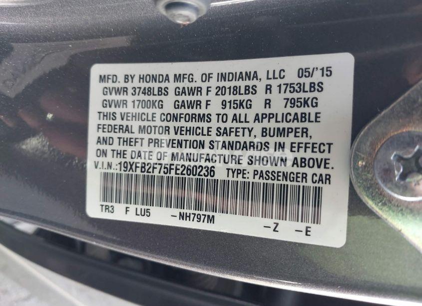 Photo 9 of 2015 Honda Civic SE (VIN 19XFB2F75FE260236)