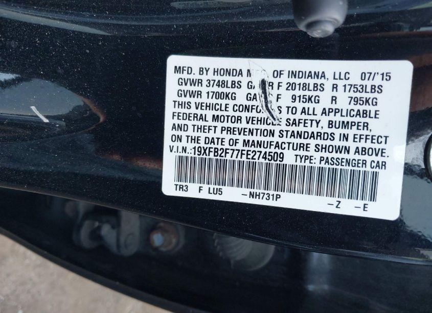 Photo 9 of 2015 Honda Civic SE (VIN 19XFB2F77FE274509)