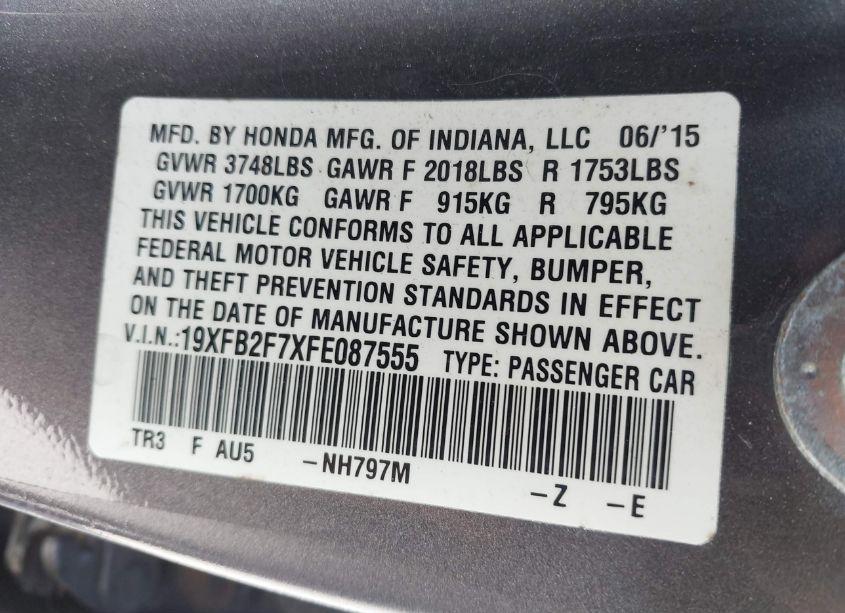 Photo 9 of 2015 Honda Civic SE (VIN 19XFB2F7XFE087555)