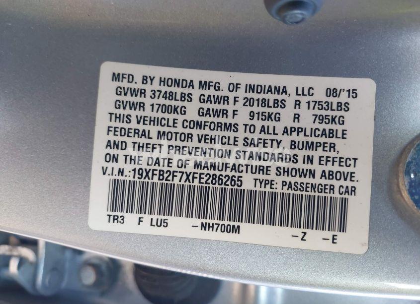 Photo 9 of 2015 Honda Civic SE (VIN 19XFB2F7XFE286265)