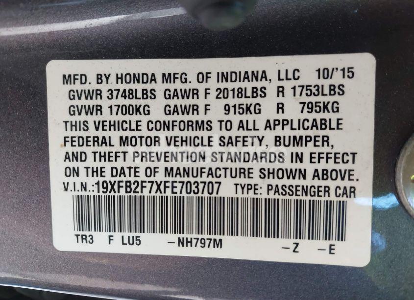 Photo 9 of 2015 Honda Civic SE (VIN 19XFB2F7XFE703707)