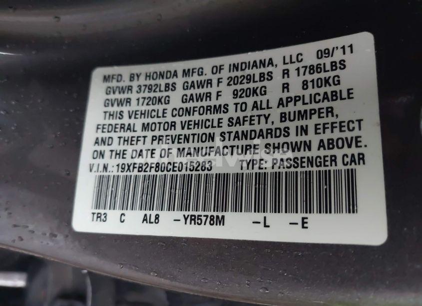 Photo 9 of 2012 Honda Civic EX (VIN 19XFB2F80CE015283)