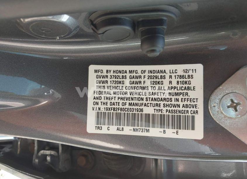 Photo 9 of 2012 Honda Civic EX (VIN 19XFB2F80CE031936)