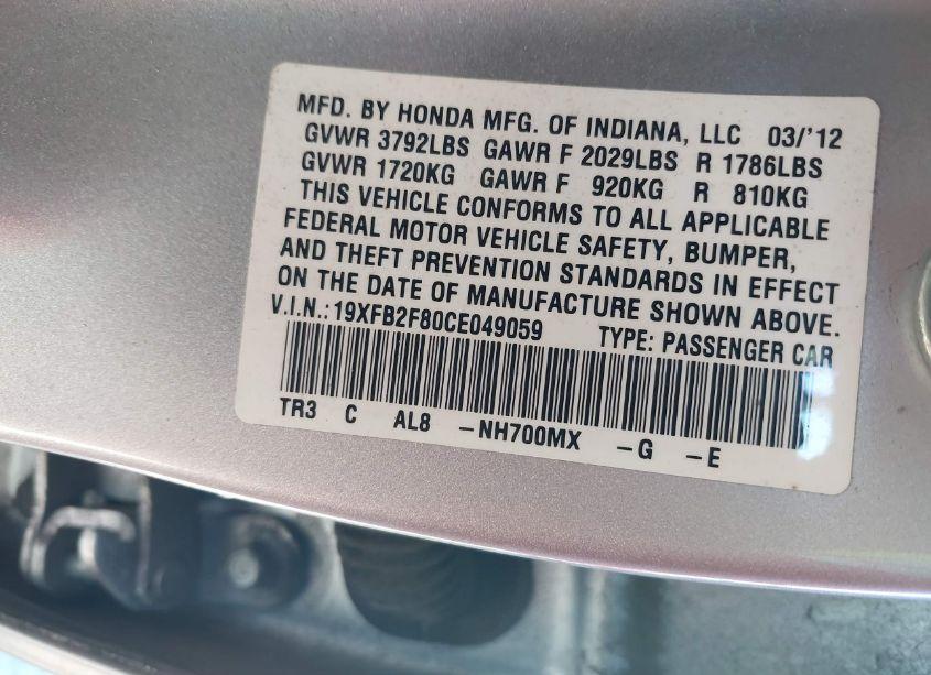 Photo 9 of 2012 Honda Civic EX (VIN 19XFB2F80CE049059)