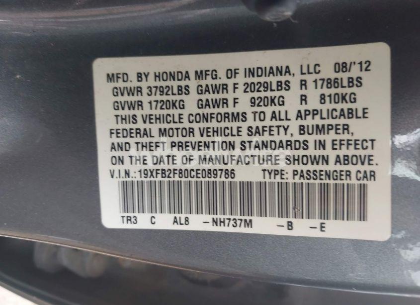 Photo 9 of 2012 Honda Civic EX (VIN 19XFB2F80CE089786)