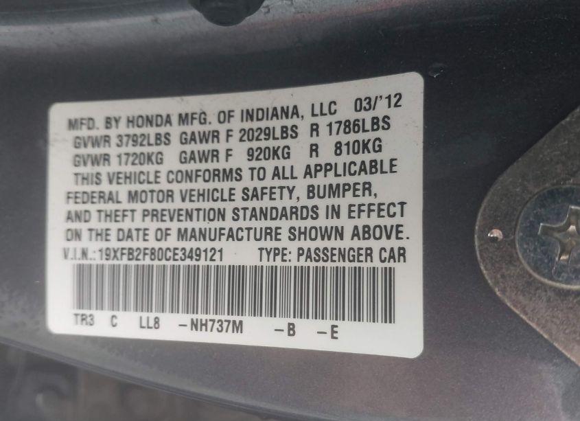 Photo 9 of 2012 Honda Civic EX (VIN 19XFB2F80CE349121)