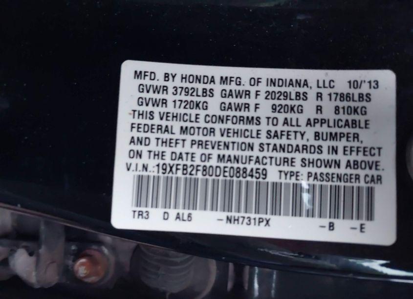 Photo 9 of 2013 Honda Civic EX (VIN 19XFB2F80DE088459)