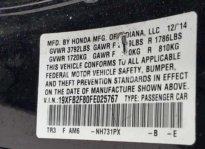 Photo 9 of 2015 Honda Civic EX (VIN 19XFB2F80FE025767)