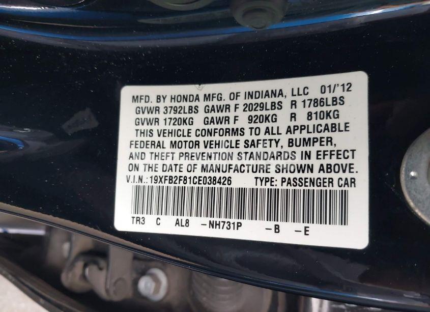 Photo 9 of 2012 Honda Civic EX (VIN 19XFB2F81CE038426)