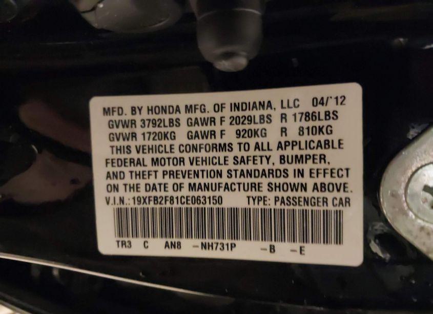 Photo 9 of 2012 Honda Civic EX (VIN 19XFB2F81CE063150)