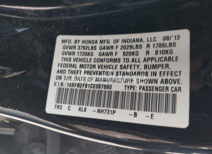 Photo 9 of 2012 Honda Civic EX (VIN 19XFB2F81CE087660)