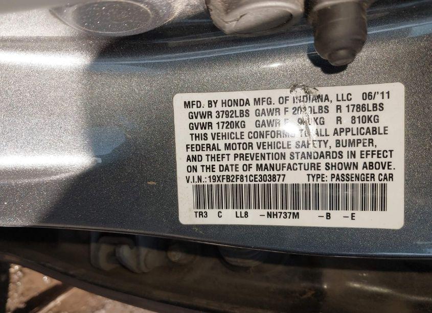 Photo 9 of 2012 Honda Civic EX (VIN 19XFB2F81CE303877)