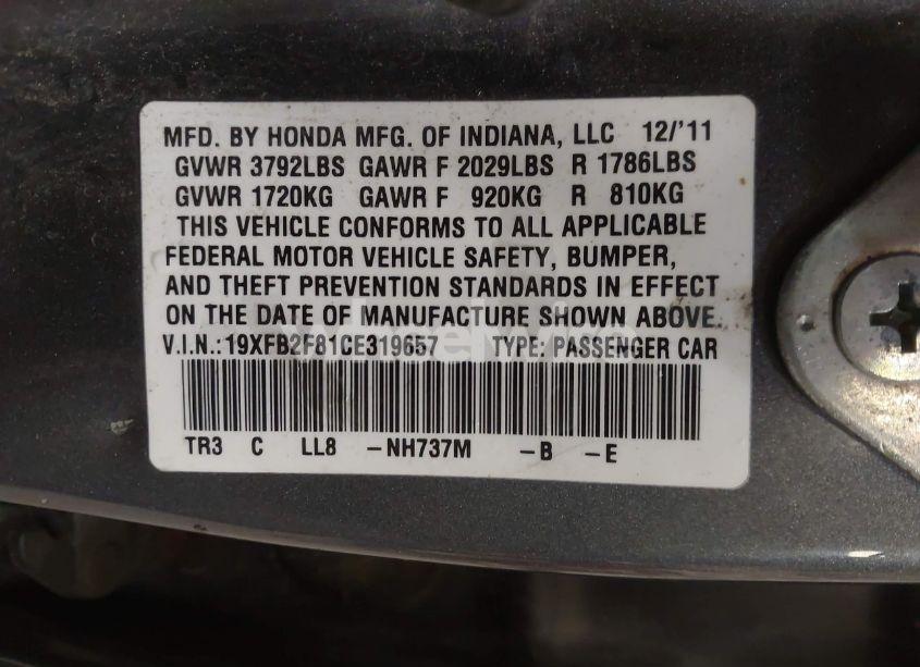 Photo 9 of 2012 Honda Civic EX (VIN 19XFB2F81CE319657)