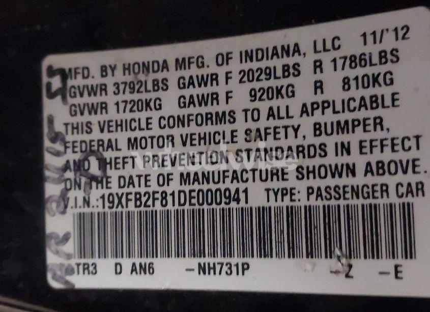 Photo 9 of 2013 Honda Civic EX (VIN 19XFB2F81DE000941)