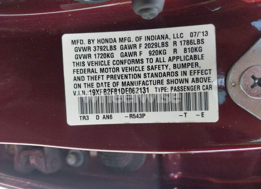 Photo 9 of 2013 Honda Civic EX (VIN 19XFB2F81DE062131)