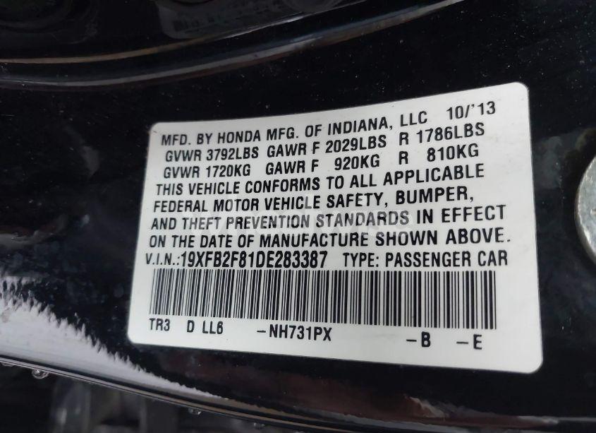 Photo 9 of 2013 Honda Civic EX (VIN 19XFB2F81DE283387)