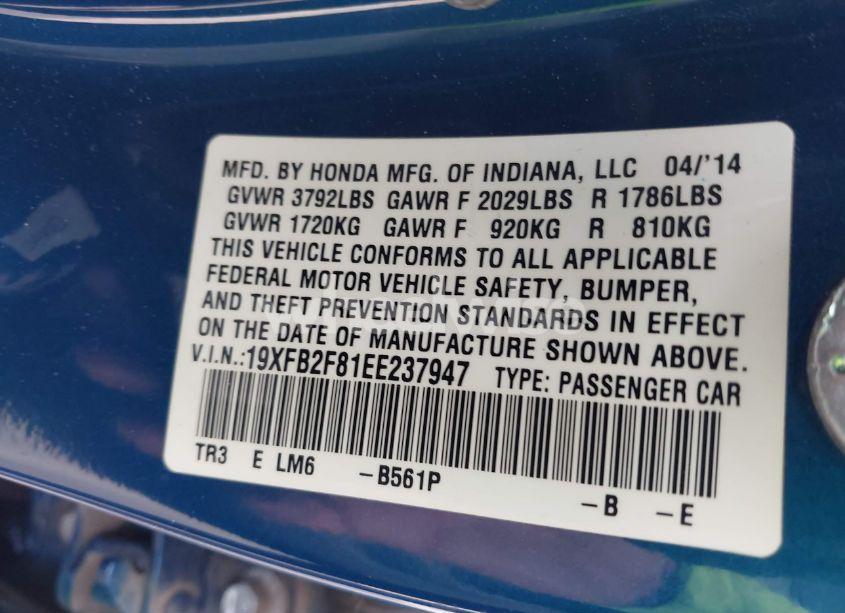 Photo 9 of 2014 Honda Civic EX (VIN 19XFB2F81EE237947)