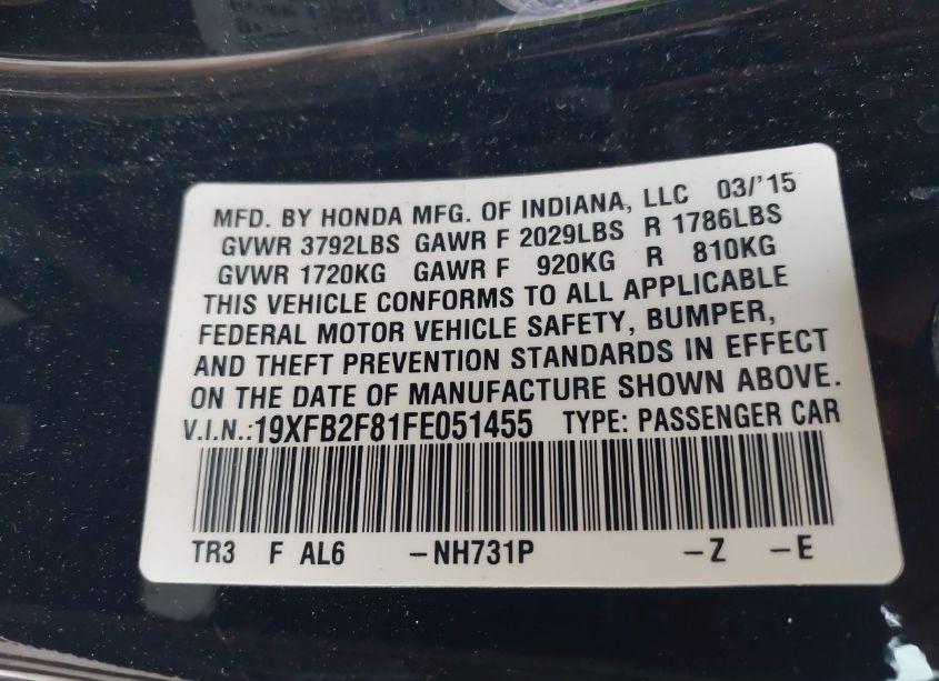 Photo 9 of 2015 Honda Civic EX (VIN 19XFB2F81FE051455)