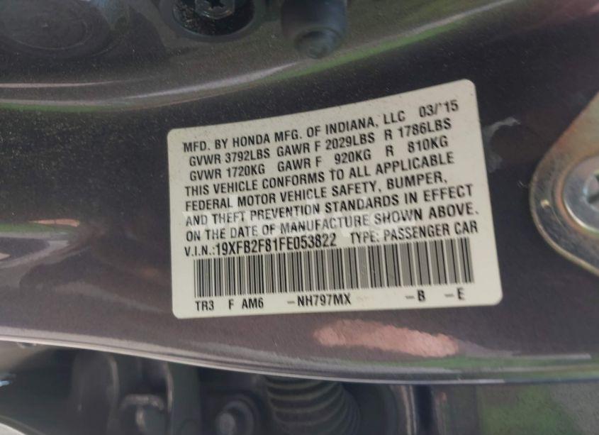 Photo 9 of 2015 Honda Civic EX (VIN 19XFB2F81FE053822)