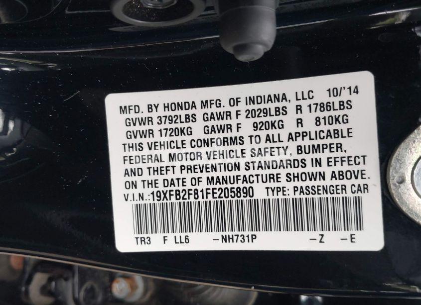 Photo 9 of 2015 Honda Civic EX (VIN 19XFB2F81FE205890)