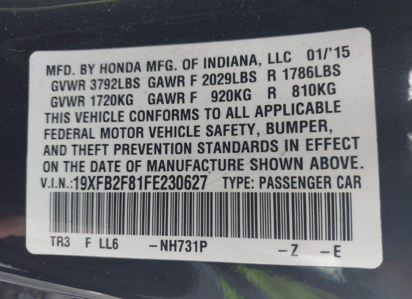 Photo 9 of 2015 Honda Civic EX (VIN 19XFB2F81FE230627)