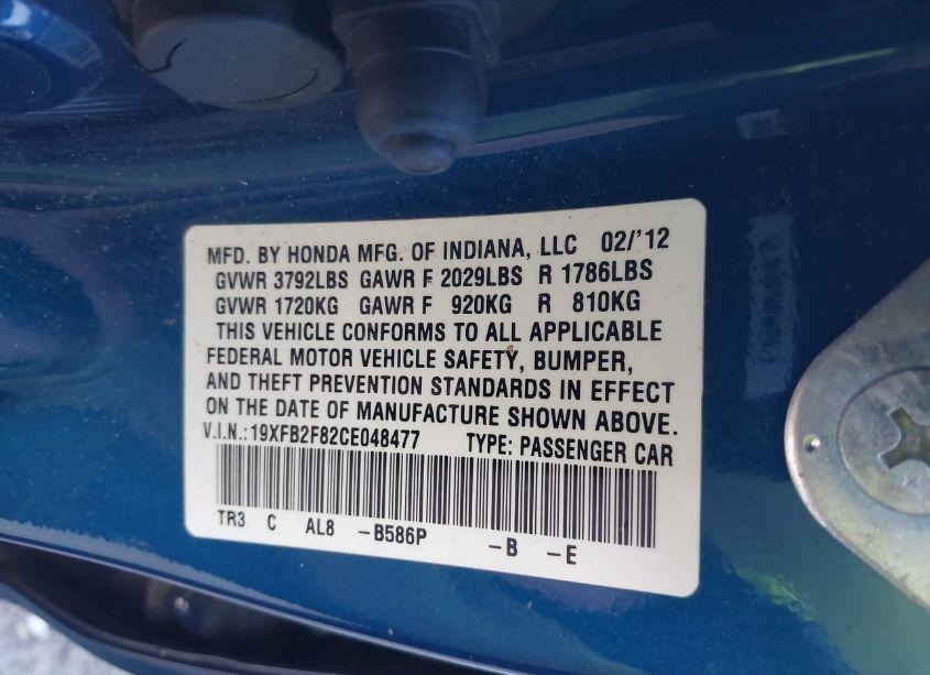 Photo 9 of 2012 Honda Civic EX (VIN 19XFB2F82CE048477)