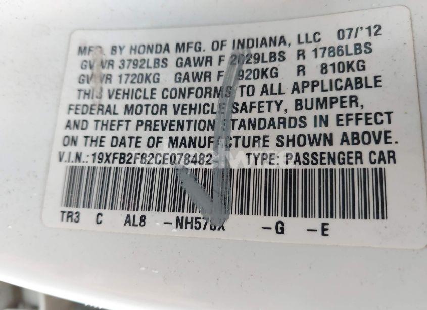 Photo 9 of 2012 Honda Civic EX (VIN 19XFB2F82CE078482)