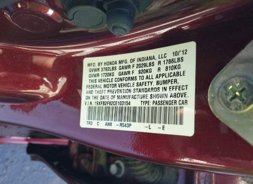 Photo 9 of 2012 Honda Civic EX (VIN 19XFB2F82CE103154)