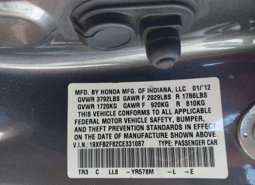 Photo 9 of 2012 Honda Civic EX (VIN 19XFB2F82CE331087)
