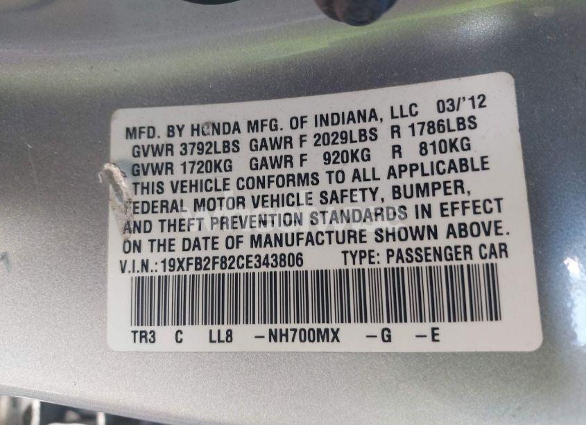 Photo 9 of 2012 Honda Civic EX (VIN 19XFB2F82CE343806)