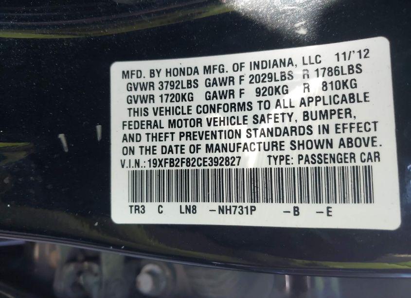 Photo 9 of 2012 Honda Civic EX (VIN 19XFB2F82CE392827)