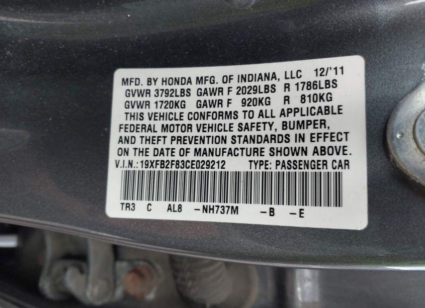 Photo 9 of 2012 Honda Civic EX (VIN 19XFB2F83CE029212)