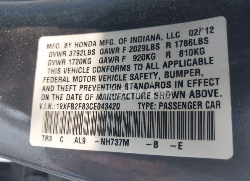 Photo 9 of 2012 Honda Civic EX (VIN 19XFB2F83CE043420)