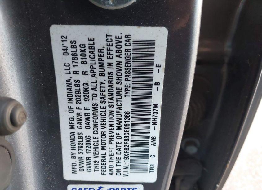 Photo 9 of 2012 Honda Civic EX (VIN 19XFB2F83CE061366)