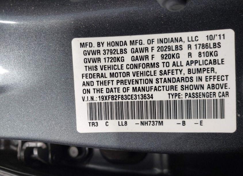 Photo 9 of 2012 Honda Civic EX (VIN 19XFB2F83CE313634)