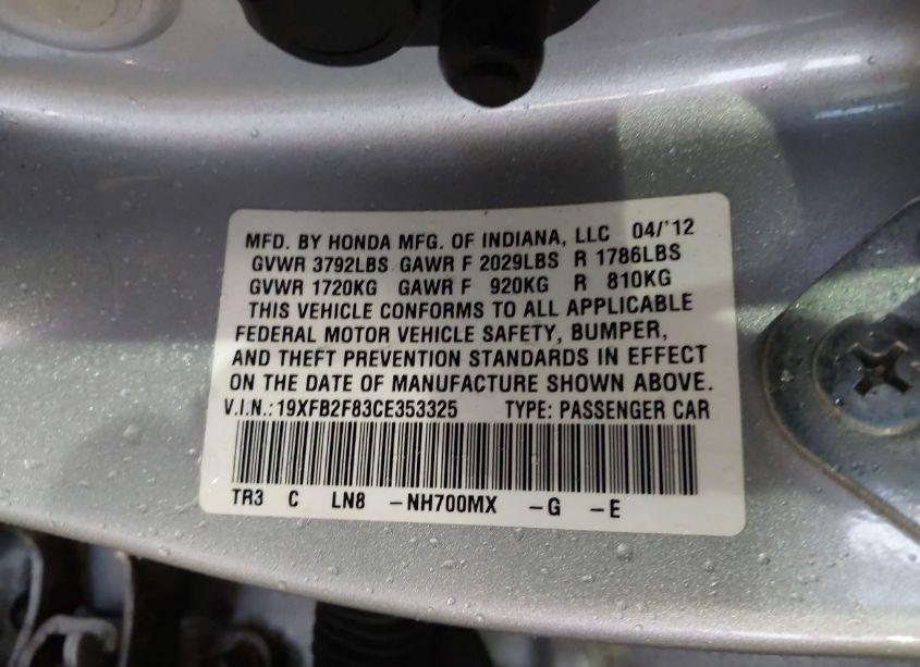 Photo 9 of 2012 Honda Civic EX (VIN 19XFB2F83CE353325)