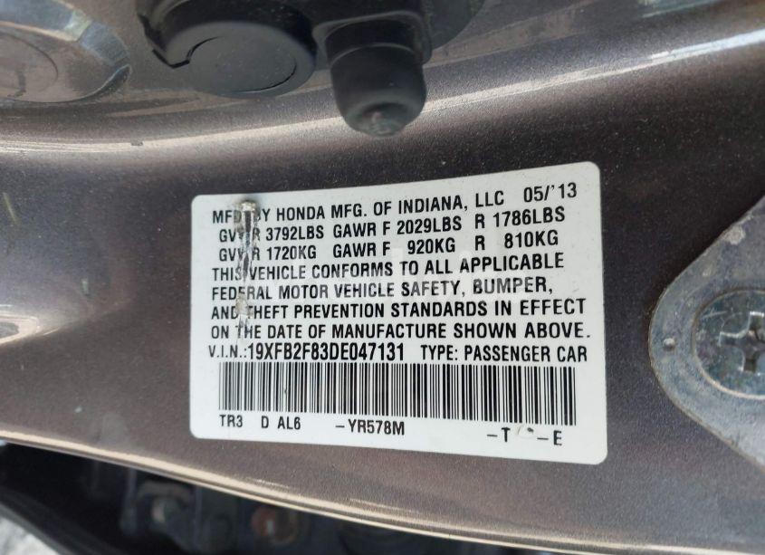 Photo 9 of 2013 Honda Civic EX (VIN 19XFB2F83DE047131)