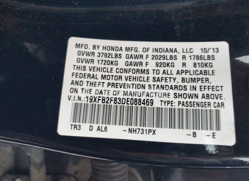 Photo 9 of 2013 Honda Civic EX (VIN 19XFB2F83DE088469)