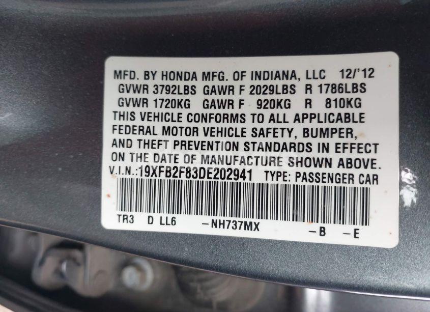 Photo 9 of 2013 Honda Civic EX (VIN 19XFB2F83DE202941)