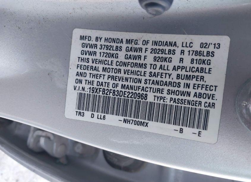 Photo 9 of 2013 Honda Civic EX (VIN 19XFB2F83DE220968)