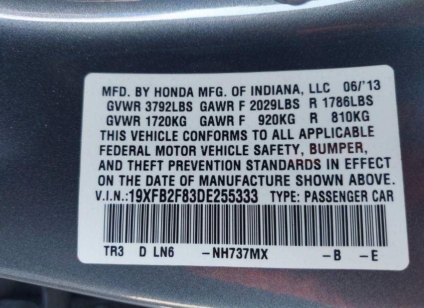 Photo 9 of 2013 Honda Civic EX (VIN 19XFB2F83DE255333)