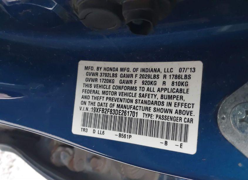 Photo 9 of 2013 Honda Civic EX (VIN 19XFB2F83DE261701)