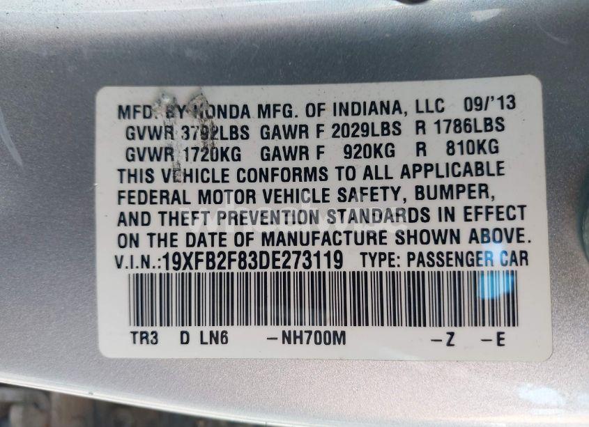 Photo 9 of 2013 Honda Civic EX (VIN 19XFB2F83DE273119)