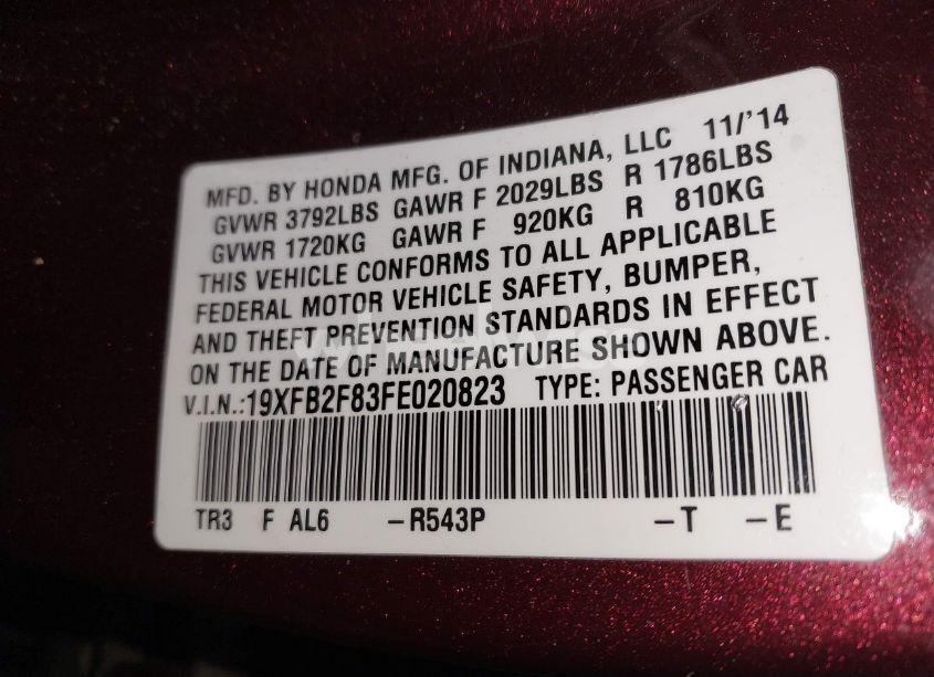 Photo 9 of 2015 Honda Civic EX (VIN 19XFB2F83FE020823)