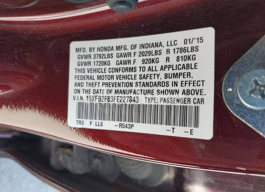 Photo 9 of 2015 Honda Civic EX (VIN 19XFB2F83FE227843)