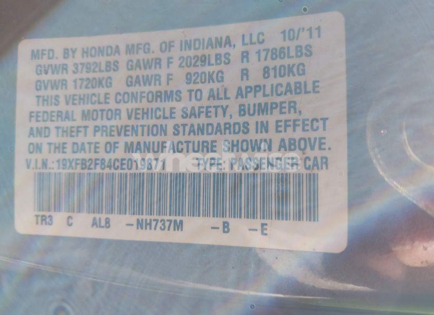 Photo 9 of 2012 Honda Civic EX (VIN 19XFB2F84CE019871)