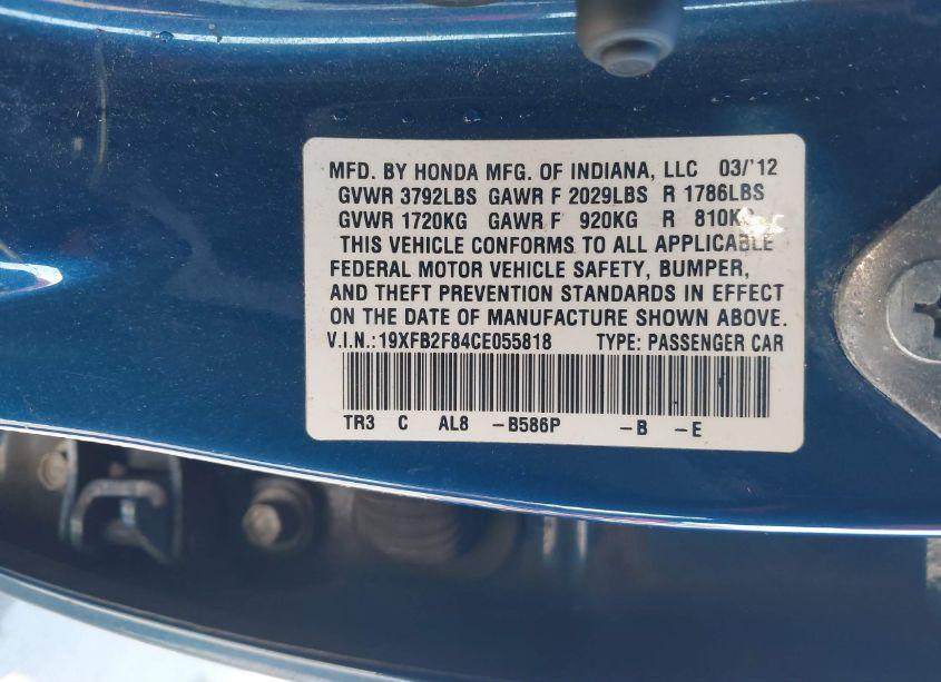 Photo 9 of 2012 Honda Civic EX (VIN 19XFB2F84CE055818)