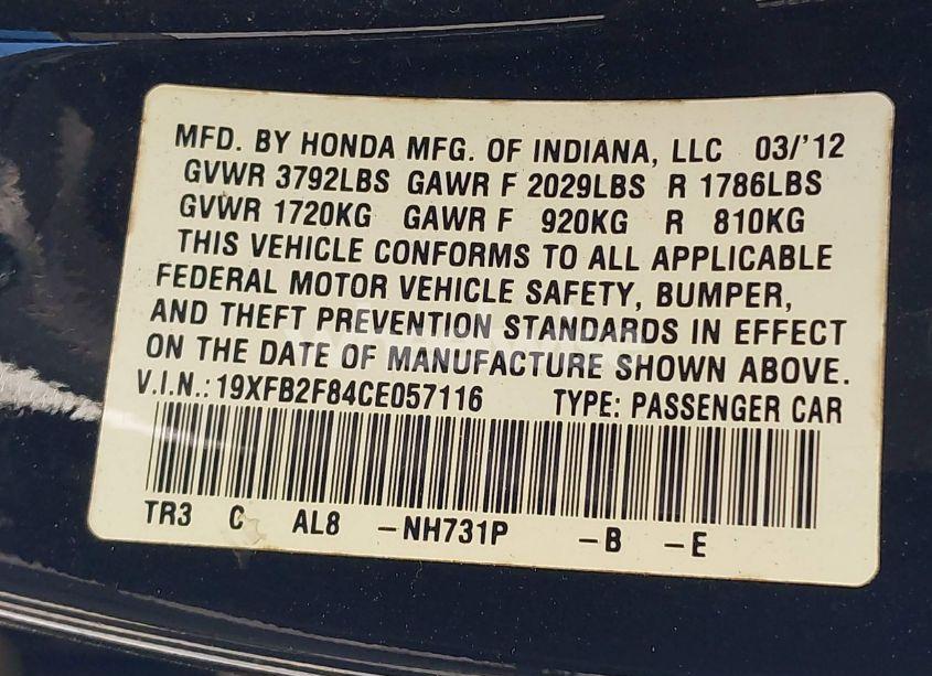 Photo 9 of 2012 Honda Civic EX (VIN 19XFB2F84CE057116)