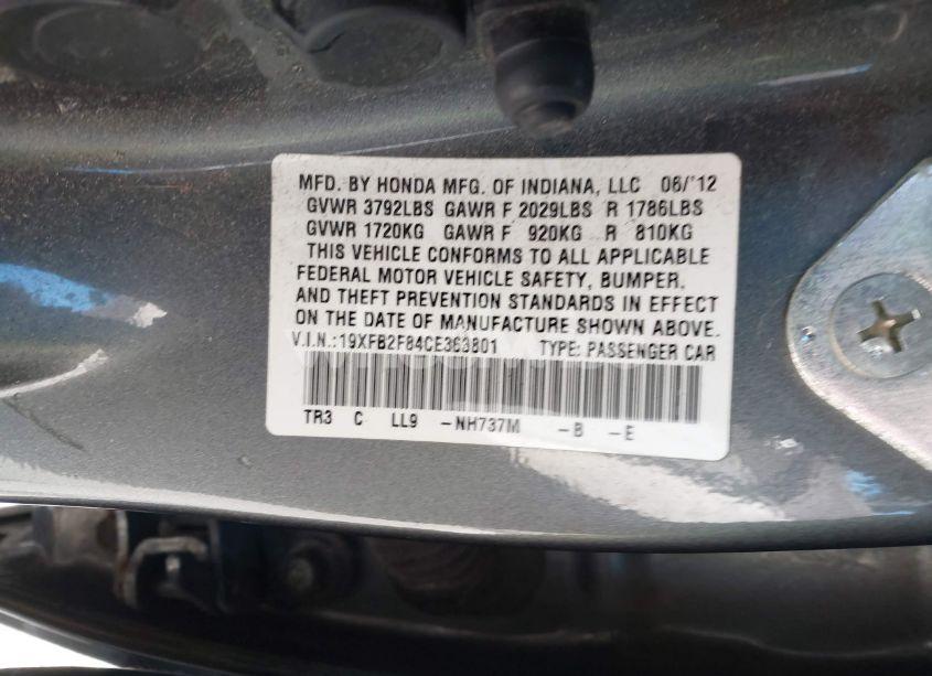 Photo 9 of 2012 Honda Civic EX (VIN 19XFB2F84CE363801)