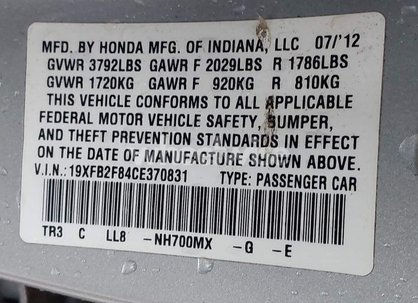 Photo 9 of 2012 Honda Civic EX (VIN 19XFB2F84CE370831)